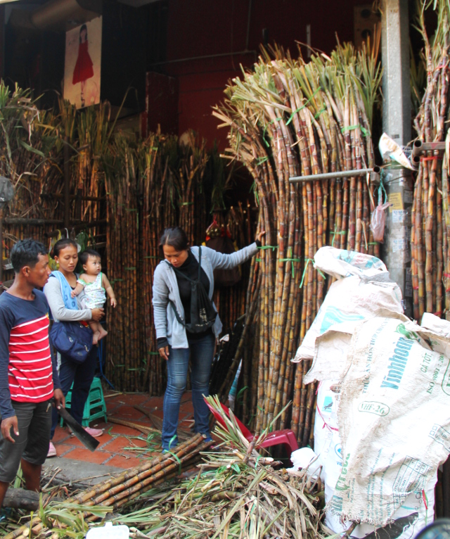 Tässä myydään kokonaisia sokeriruokoja. Niistä puristettu mehu näytti olevan Kambodzassa suosittua. 